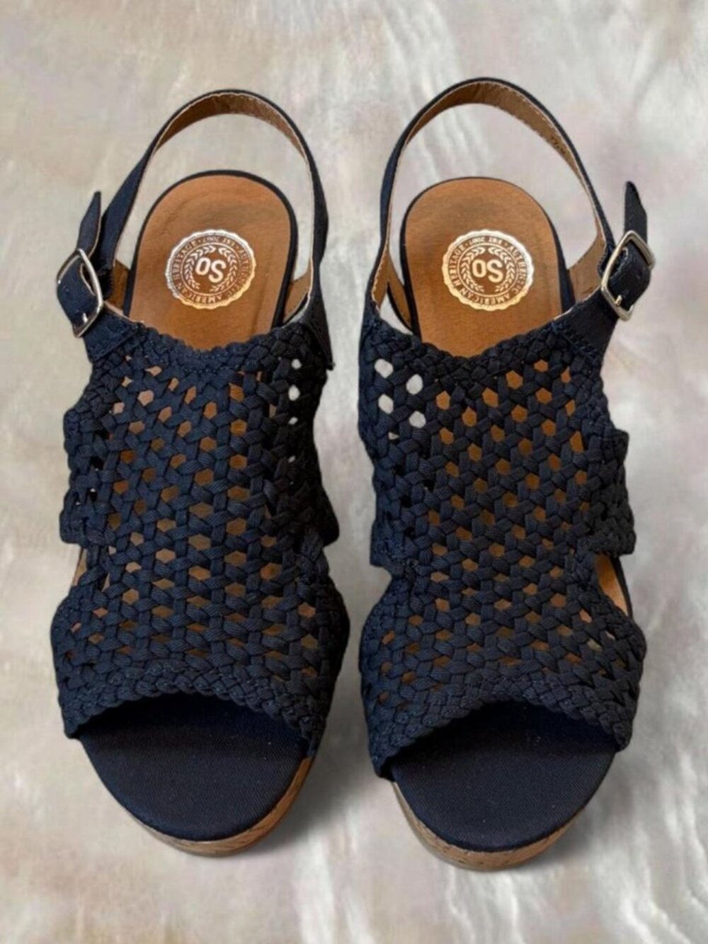 SO Navy Blue Woven Slingback Wedge Sandal